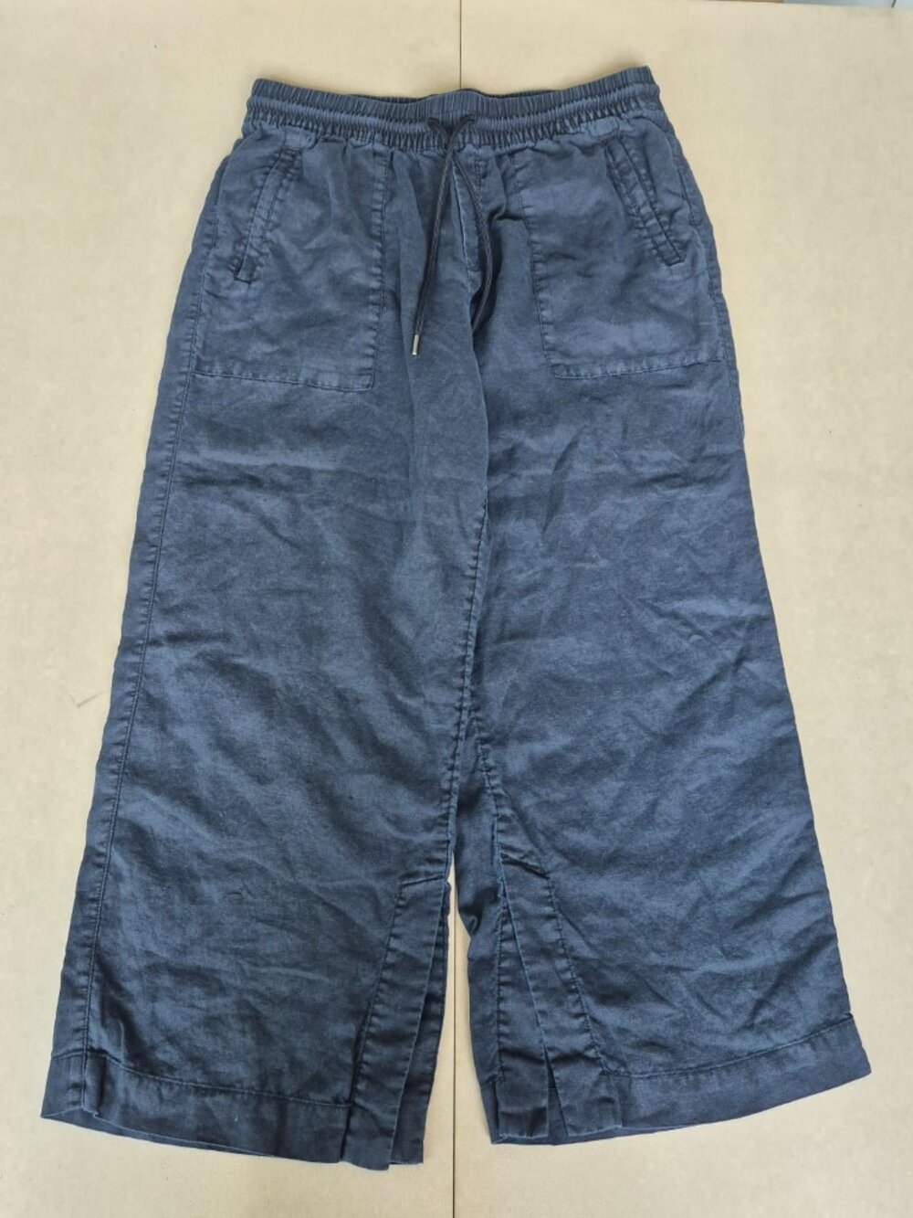 Athleta Women’s L Petite Retreat Linen Wide Leg Pants Navy 100% Linen Drawstring